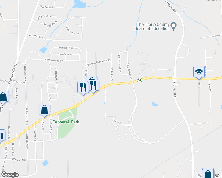 map of restaurants, bars, coffee shops, grocery stores, and more near 1400 Hogansville Road in LaGrange