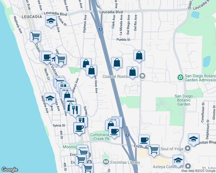 map of restaurants, bars, coffee shops, grocery stores, and more near 444 Alviso Way in Encinitas