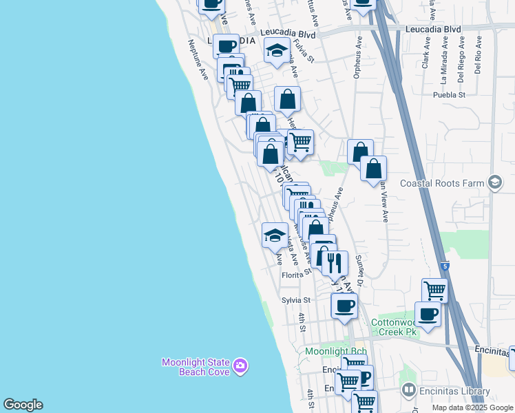 map of restaurants, bars, coffee shops, grocery stores, and more near 240 South El Portal Street in Encinitas