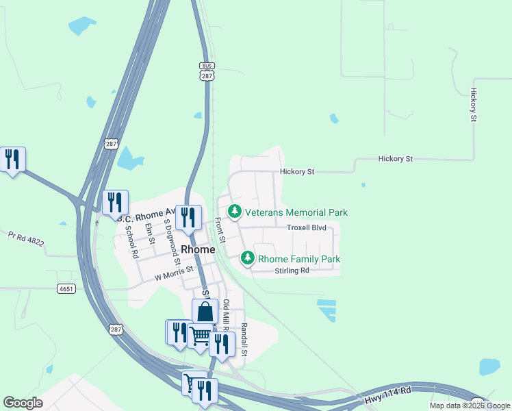map of restaurants, bars, coffee shops, grocery stores, and more near 201 Oak Court in Rhome