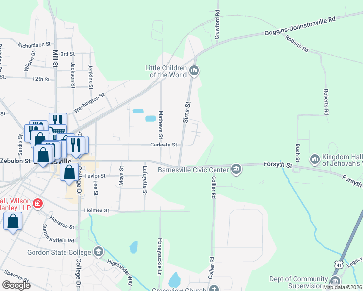 map of restaurants, bars, coffee shops, grocery stores, and more near 97 Sims St in Barnesville