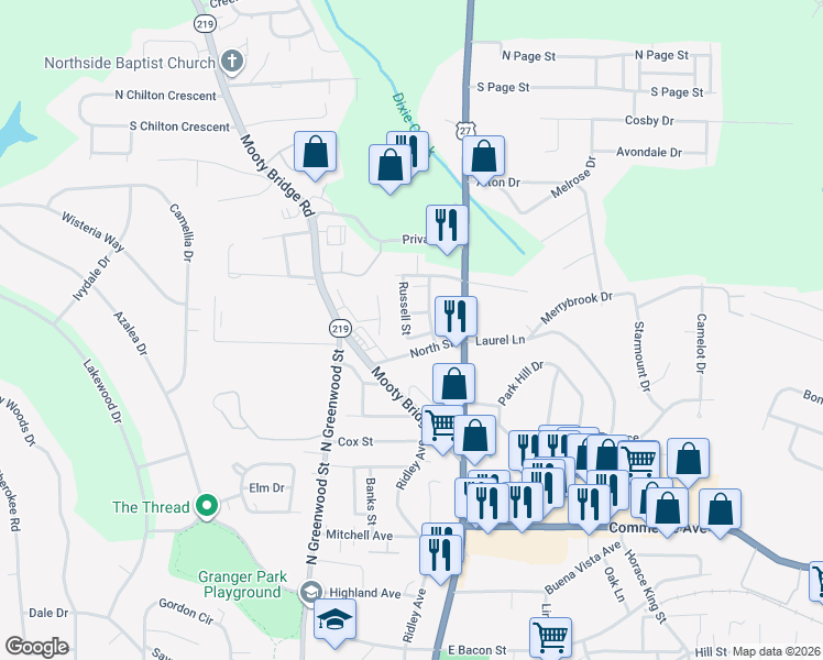 map of restaurants, bars, coffee shops, grocery stores, and more near 106 Russell Street in LaGrange