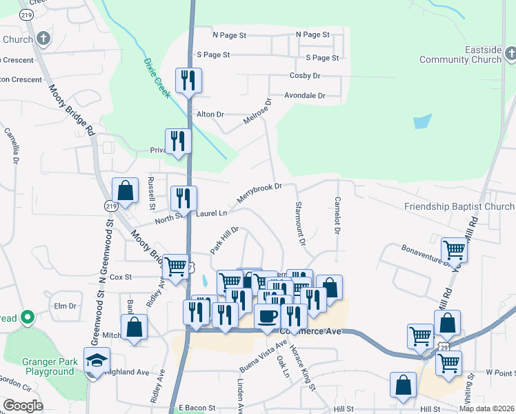 map of restaurants, bars, coffee shops, grocery stores, and more near 301 Laurel Lane in LaGrange