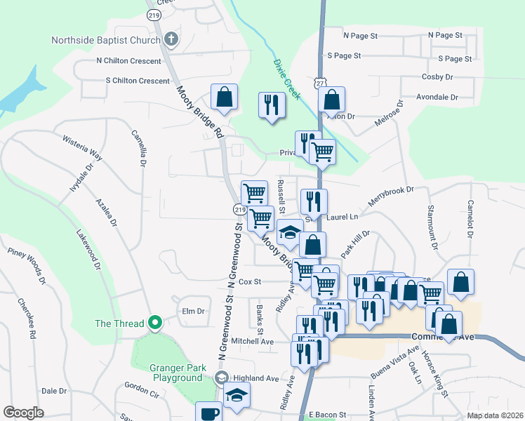 map of restaurants, bars, coffee shops, grocery stores, and more near 100 Bridgewood Drive in LaGrange
