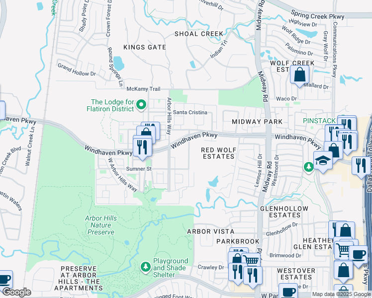 map of restaurants, bars, coffee shops, grocery stores, and more near Stag's Leap Drive in The Colony