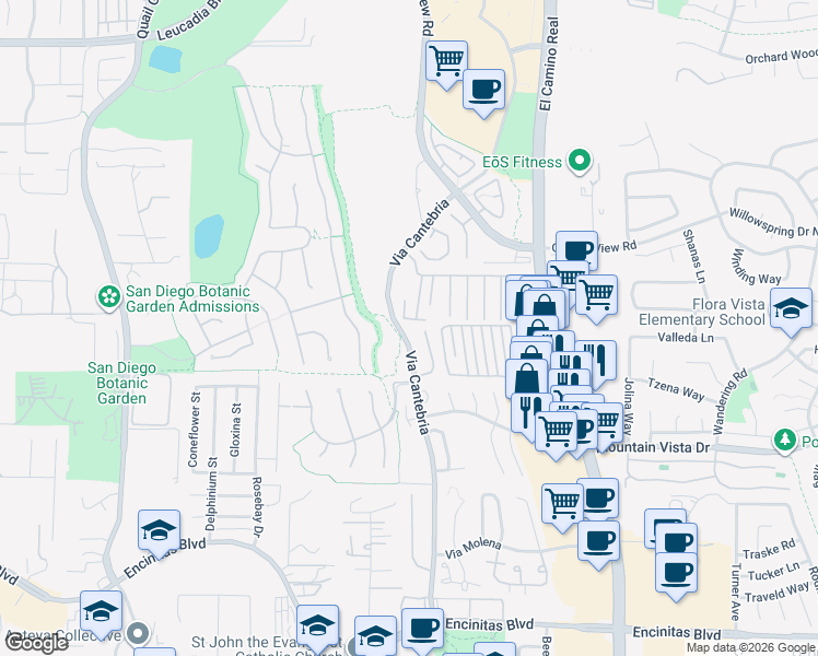 map of restaurants, bars, coffee shops, grocery stores, and more near 597 Via Cantebria in Encinitas
