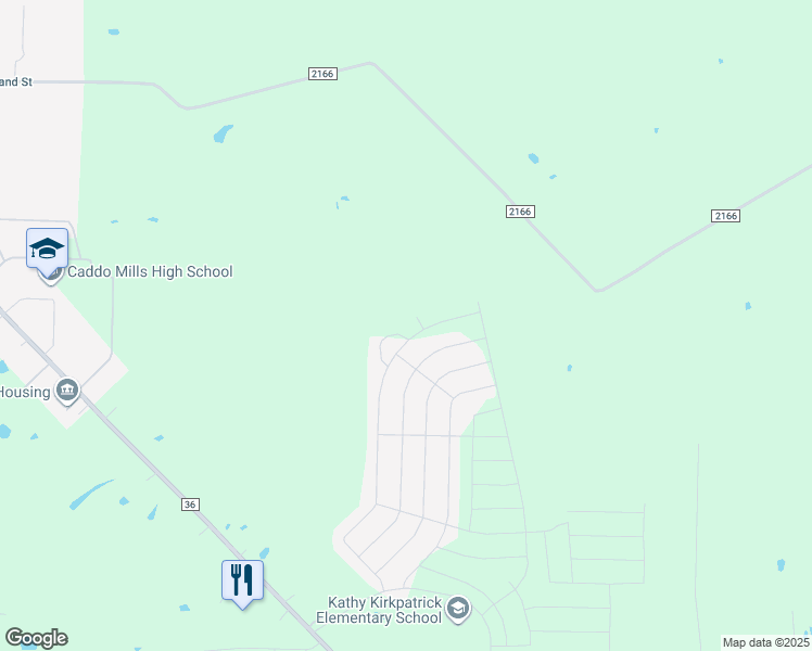 map of restaurants, bars, coffee shops, grocery stores, and more near County Road 2166 in Caddo Mills