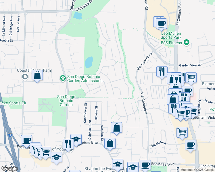 map of restaurants, bars, coffee shops, grocery stores, and more near 557 Samuel Court in Encinitas