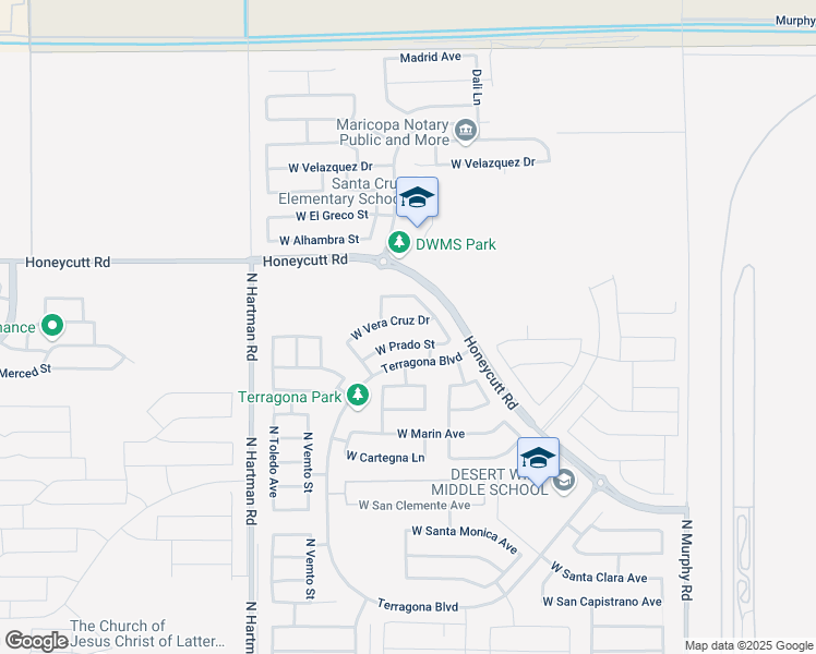 map of restaurants, bars, coffee shops, grocery stores, and more near 36129 West Vera Cruz Drive in Maricopa
