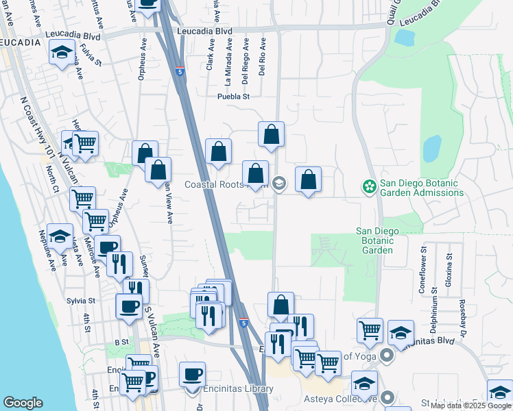 map of restaurants, bars, coffee shops, grocery stores, and more near 542 Sweet Pea Place in Encinitas
