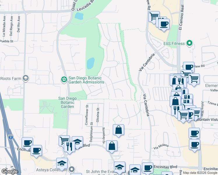 map of restaurants, bars, coffee shops, grocery stores, and more near 557 Samuel Court in Encinitas