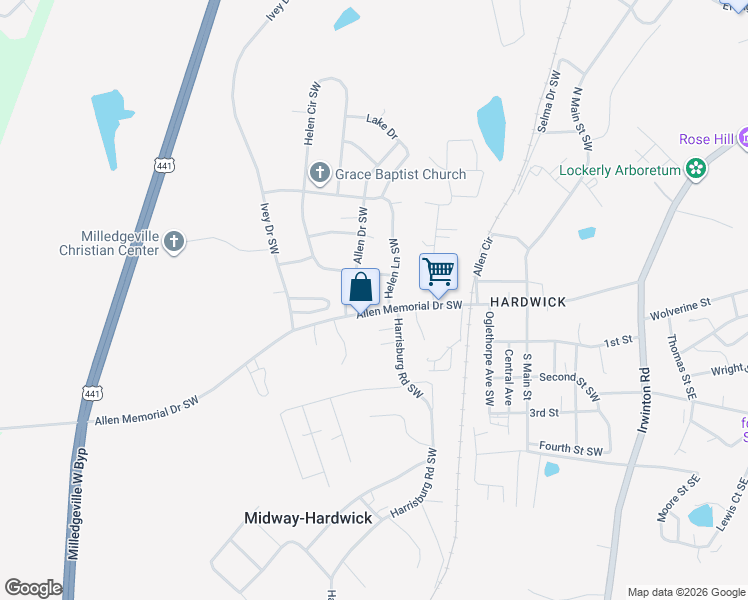 map of restaurants, bars, coffee shops, grocery stores, and more near 335 Allen Memorial Drive Southwest in Milledgeville