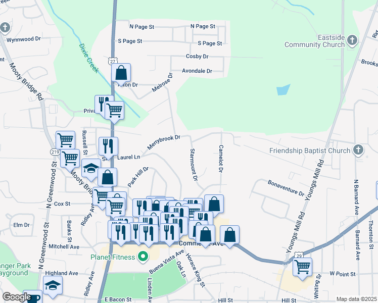 map of restaurants, bars, coffee shops, grocery stores, and more near 113 Starmount Drive in LaGrange