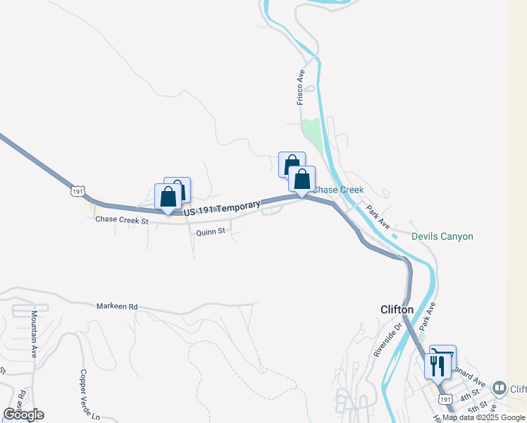map of restaurants, bars, coffee shops, grocery stores, and more near 333 Chase Creek Street in Morenci