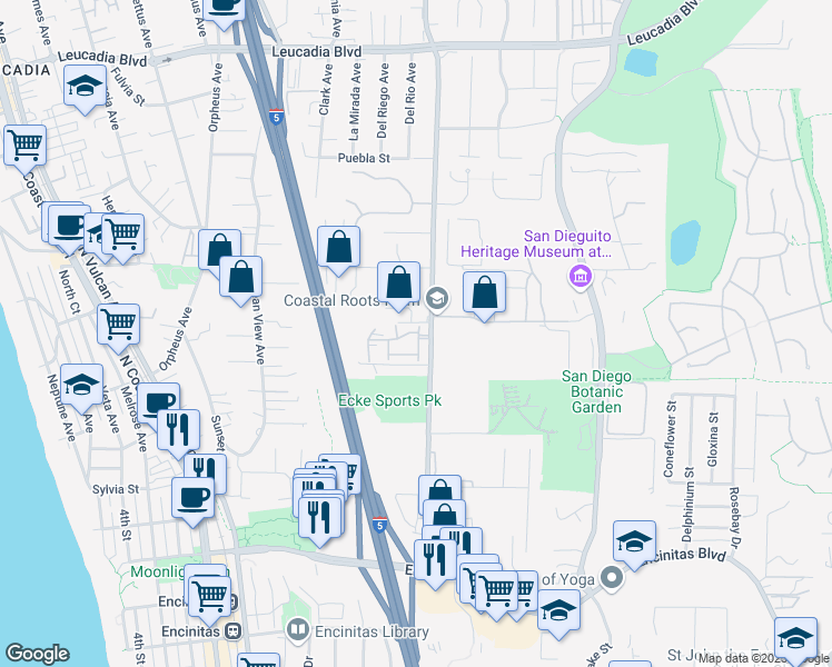 map of restaurants, bars, coffee shops, grocery stores, and more near 542 Sweet Pea Place in Encinitas