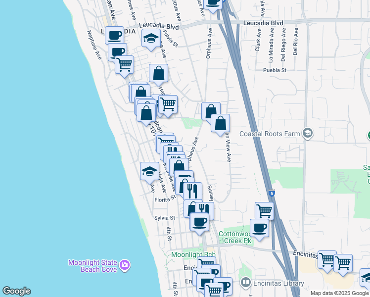 map of restaurants, bars, coffee shops, grocery stores, and more near 362 Orpheus Avenue in Encinitas
