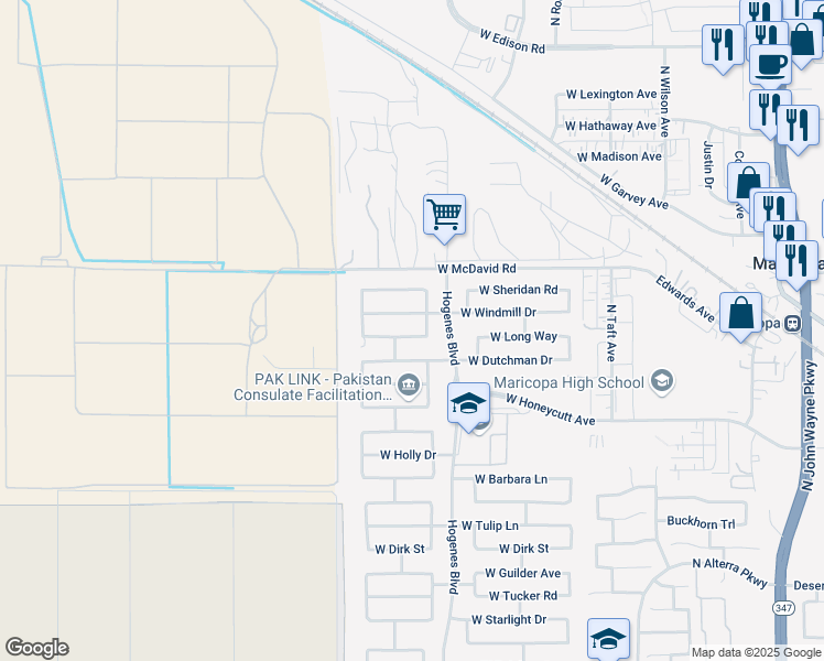 map of restaurants, bars, coffee shops, grocery stores, and more near 45989 West Long Way in Maricopa