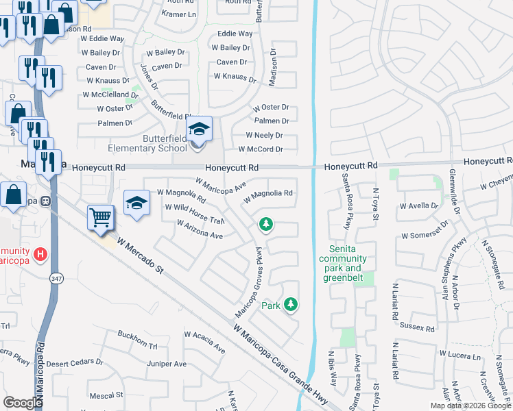 map of restaurants, bars, coffee shops, grocery stores, and more near 19384 North Lousandra Drive in Maricopa
