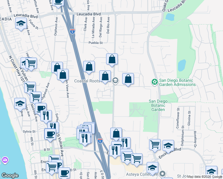 map of restaurants, bars, coffee shops, grocery stores, and more near 542 Sweet Pea Place in Encinitas