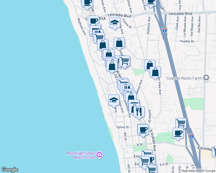 map of restaurants, bars, coffee shops, grocery stores, and more near 389 La Mesa Avenue in Encinitas