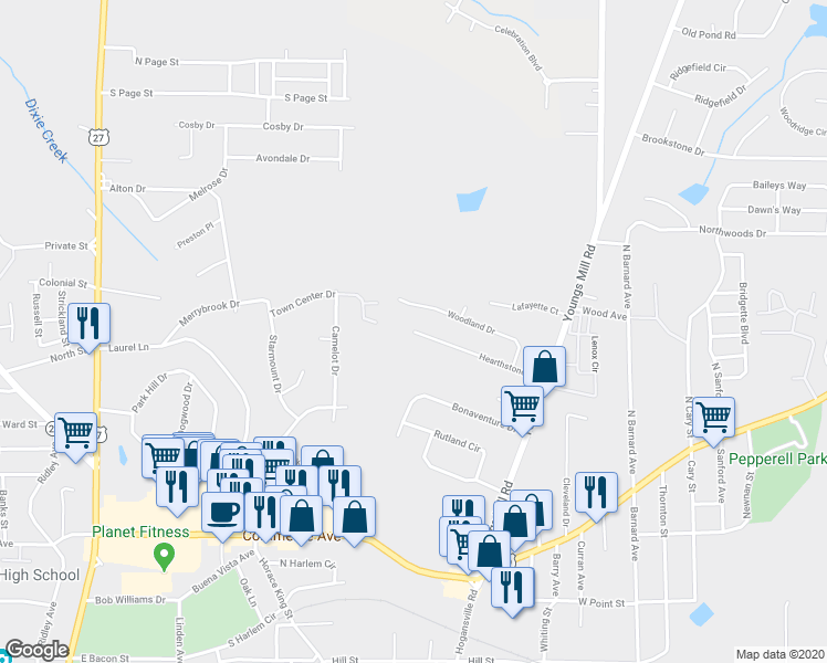 map of restaurants, bars, coffee shops, grocery stores, and more near 228 Hearthstone Drive in LaGrange