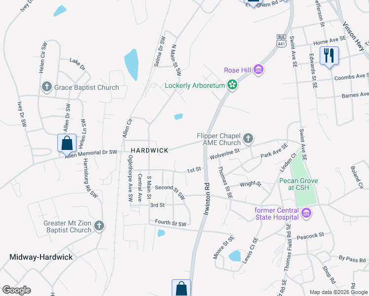 map of restaurants, bars, coffee shops, grocery stores, and more near 393-395 Allen Memorial Drive in Milledgeville