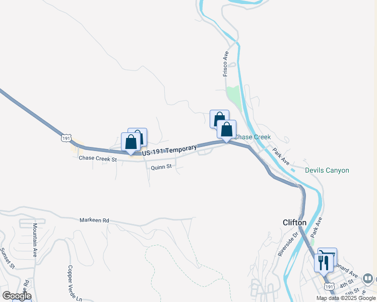 map of restaurants, bars, coffee shops, grocery stores, and more near 333-335 Chase Creek Street in Morenci