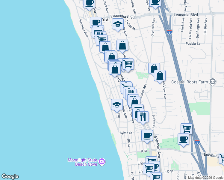 map of restaurants, bars, coffee shops, grocery stores, and more near 389 La Mesa Avenue in Encinitas