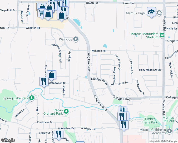 map of restaurants, bars, coffee shops, grocery stores, and more near 5150 Long Prairie Road in Flower Mound