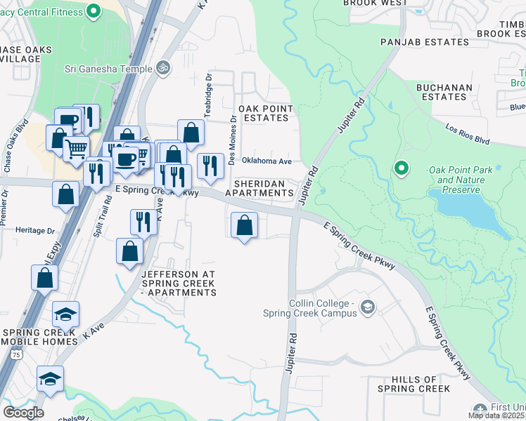 map of restaurants, bars, coffee shops, grocery stores, and more near 2008 East Spring Creek Parkway in Plano