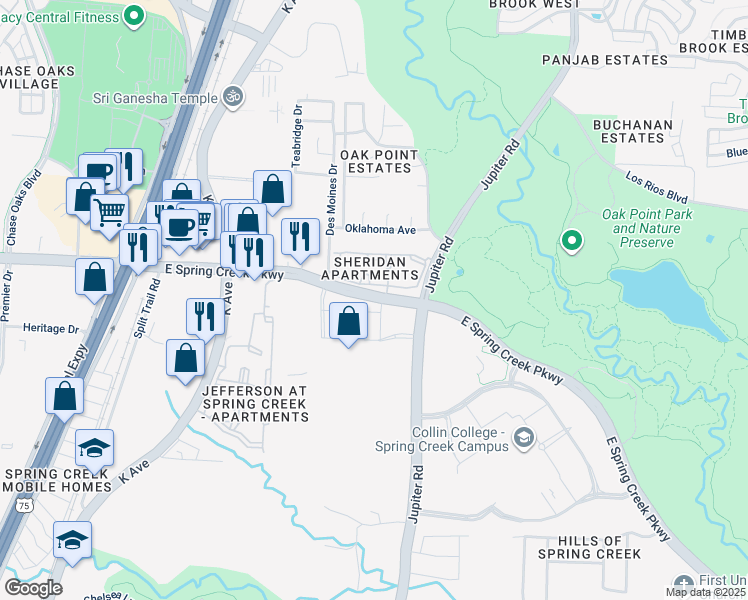 map of restaurants, bars, coffee shops, grocery stores, and more near 2006 East Spring Creek Parkway in Plano