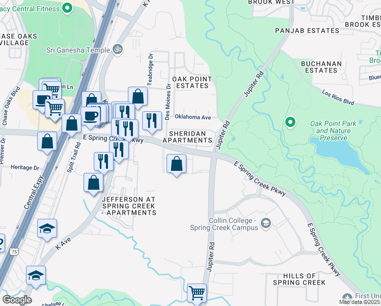 map of restaurants, bars, coffee shops, grocery stores, and more near 2010 East Spring Creek Parkway in Plano