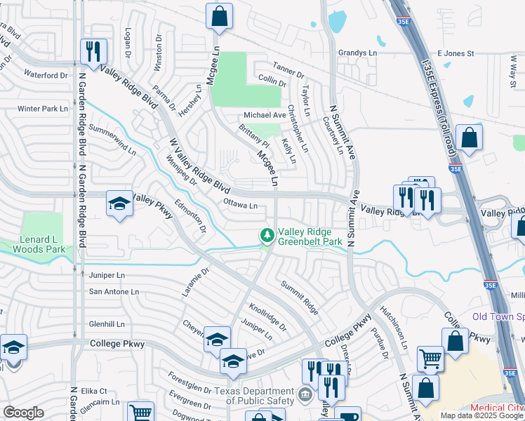 map of restaurants, bars, coffee shops, grocery stores, and more near 1205 Winnipeg Drive in Lewisville