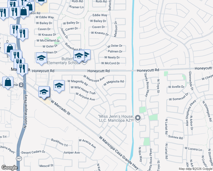 map of restaurants, bars, coffee shops, grocery stores, and more near 19384 North Lousandra Drive in Maricopa