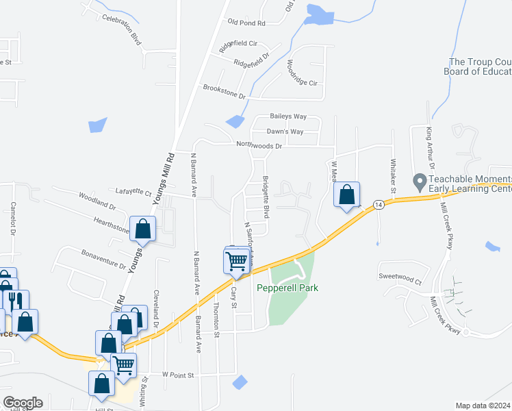 map of restaurants, bars, coffee shops, grocery stores, and more near 105 Sheila Street in LaGrange