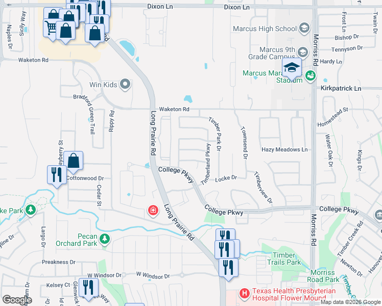 map of restaurants, bars, coffee shops, grocery stores, and more near 2701 Timberhaven Drive in Flower Mound