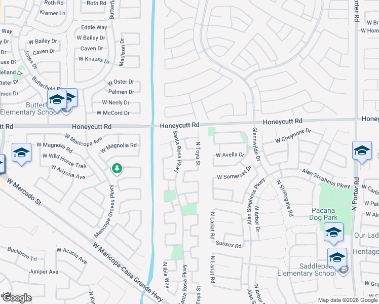 map of restaurants, bars, coffee shops, grocery stores, and more near 42812 West Wild Horse Trail in Maricopa