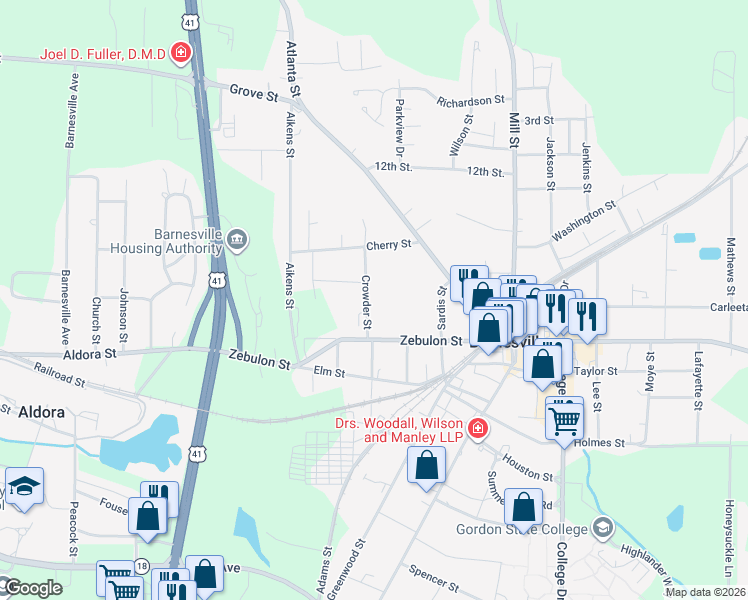 map of restaurants, bars, coffee shops, grocery stores, and more near 158 Crowder Street in Barnesville