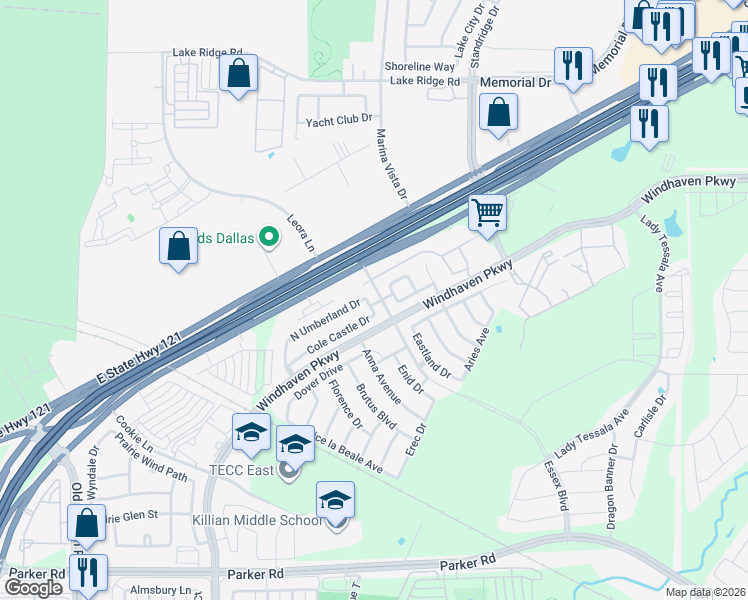 map of restaurants, bars, coffee shops, grocery stores, and more near 2913 Cole Castle Drive in Lewisville