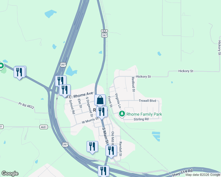 map of restaurants, bars, coffee shops, grocery stores, and more near 289 East 2nd Street in Rhome