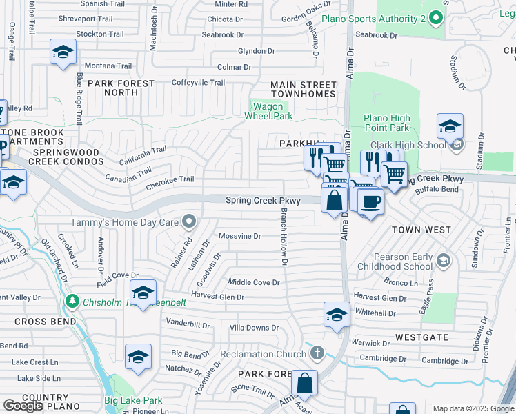 map of restaurants, bars, coffee shops, grocery stores, and more near 1109 Windy Meadow Drive in Plano