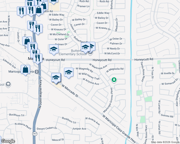 map of restaurants, bars, coffee shops, grocery stores, and more near 43752 West Wild Horse Trail in Maricopa