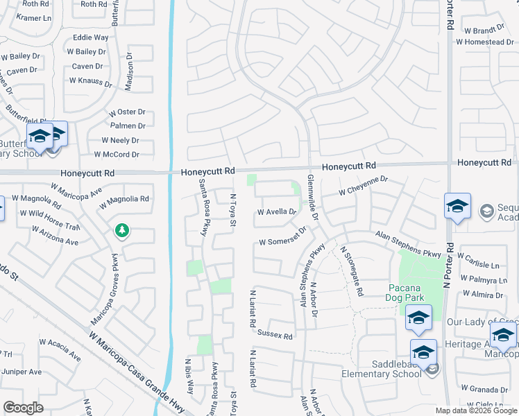 map of restaurants, bars, coffee shops, grocery stores, and more near 42526 West Corvalis Lane in Maricopa