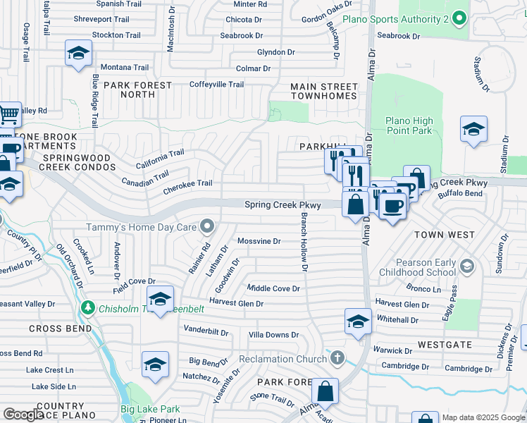 map of restaurants, bars, coffee shops, grocery stores, and more near 1309 Windy Meadow Drive in Plano