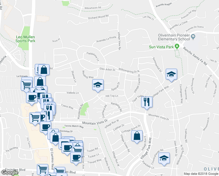 map of restaurants, bars, coffee shops, grocery stores, and more near 1655 Splitrail Drive in Encinitas