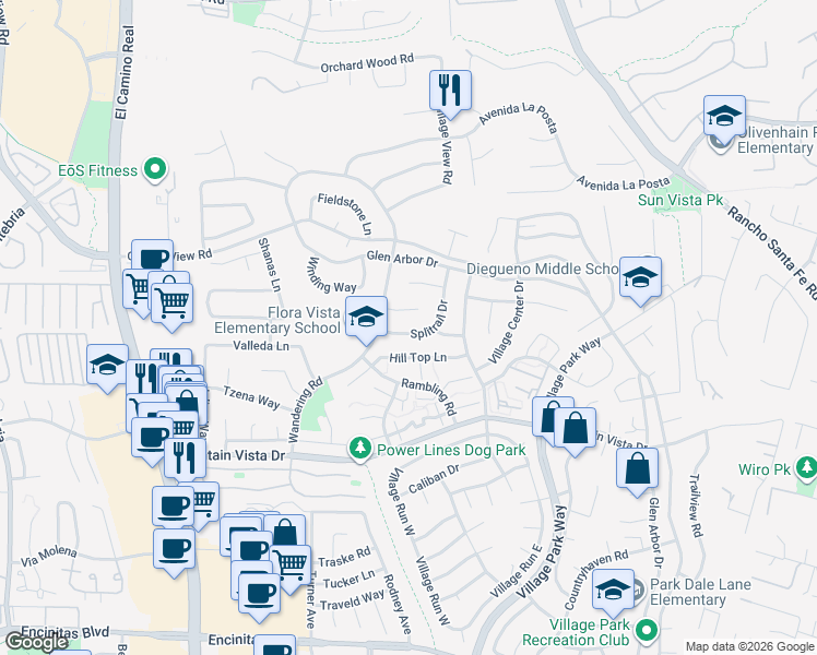 map of restaurants, bars, coffee shops, grocery stores, and more near 1655 Splitrail Drive in Encinitas