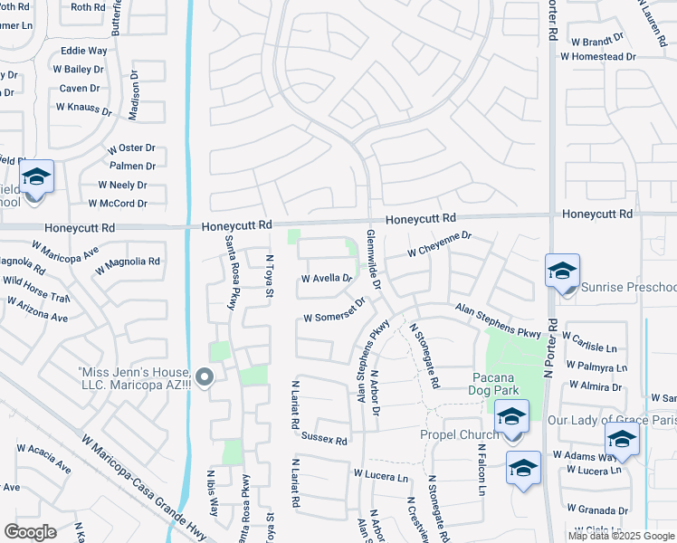 map of restaurants, bars, coffee shops, grocery stores, and more near 19359 North Ventana Lane in Maricopa