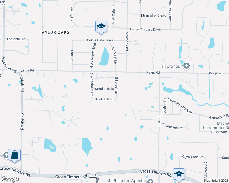 map of restaurants, bars, coffee shops, grocery stores, and more near 125 Knob Hill Lane in Double Oak