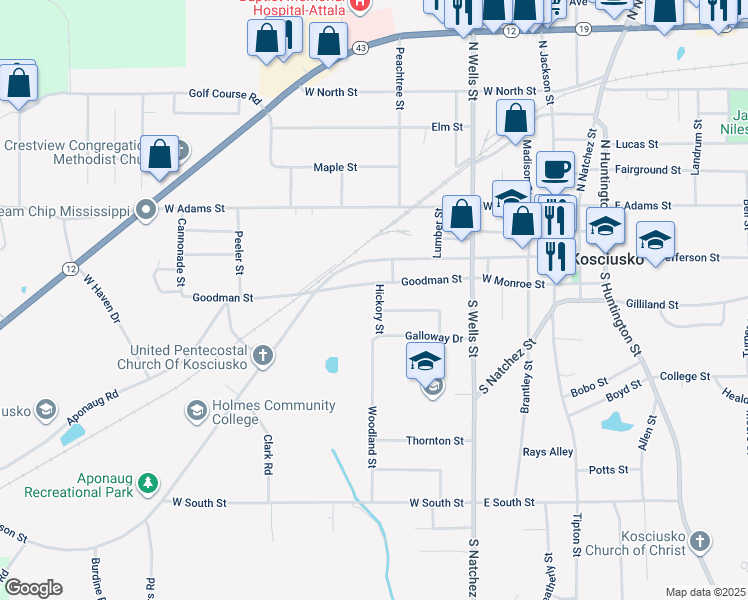 map of restaurants, bars, coffee shops, grocery stores, and more near 201 Hickory Street in Kosciusko
