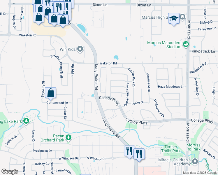 map of restaurants, bars, coffee shops, grocery stores, and more near 5121 Timber Trail Drive in Flower Mound